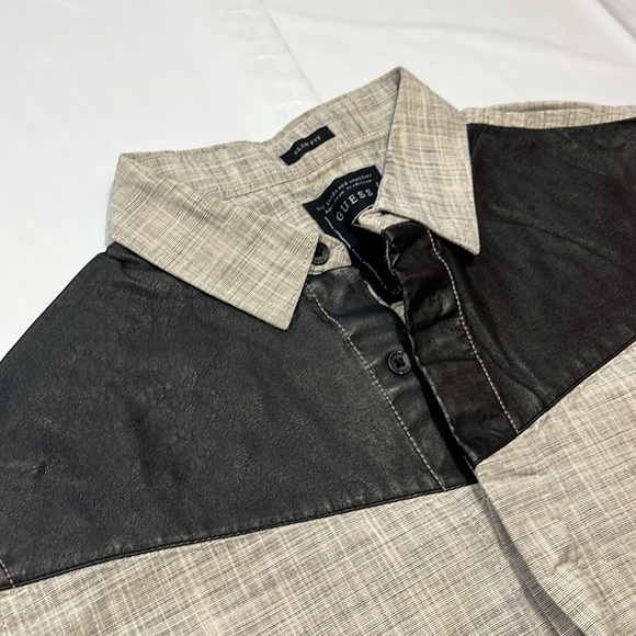 Guess gray Button down Black faux leather shoulders Men's Shirt sz medium 90s M - Picture 4 of 14
